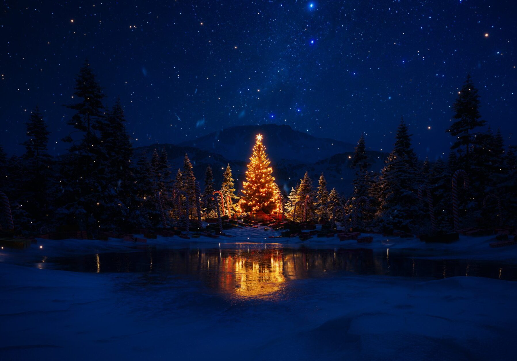 Digitally generated (without the use of any A.I. tools or technologies) festive illuminated Christmas tree reflects in a serene icy lake surrounded by snowy pines. The scene is set under a brilliant, star-filled night sky, capturing the spirit of tranquility and holiday joy during the winter season. Ideal for evoking the festive charm of Christmas celebrations and the serene beauty of snowy landscapes.

The scene was created in Autodesk® 3ds Max 2025 with V-Ray 6 and rendered with photorealistic shaders and lighting in Chaos® Vantage with some post-production added.
